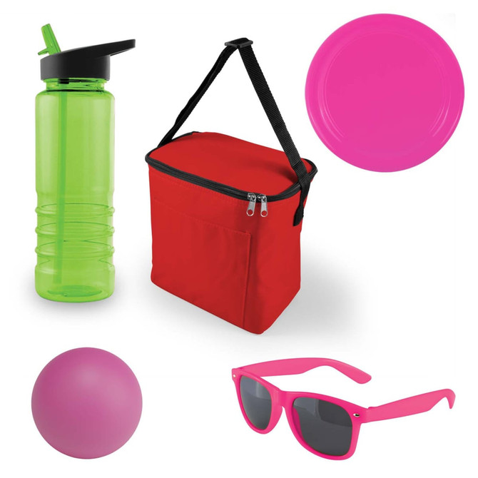 A green drink bottle, red cooler bag, pink frisbee, pink ball, and pink sunglasses. The cooler bag has a strap.