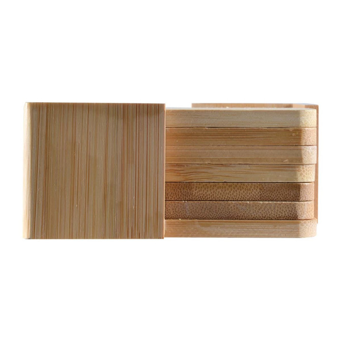 A set of six bamboo coasters in various shades of natural wood, neatly stacked with a visible logo on one coaster.