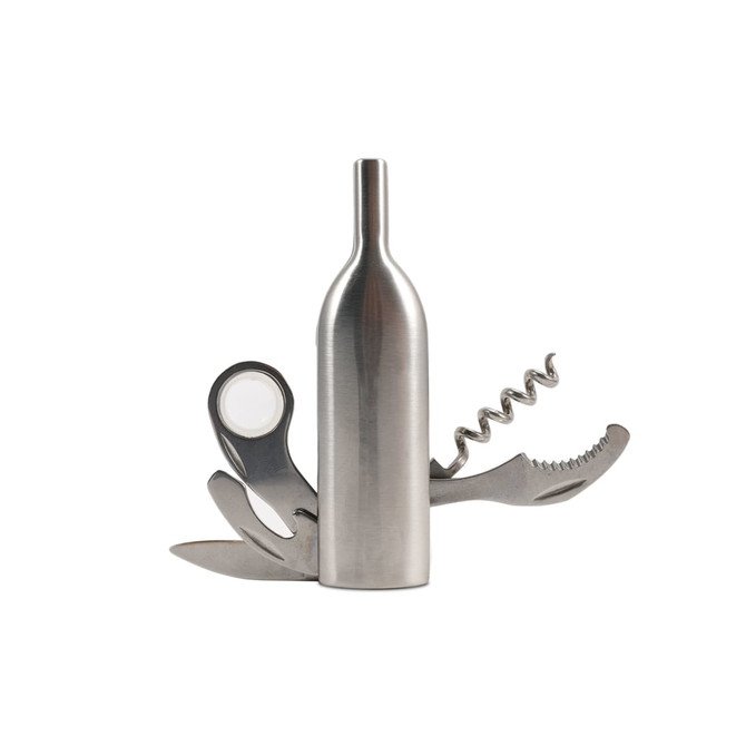 A drink bottle opener in silver, featuring a corkscrew, knife, bottle cap opener, and scissors in a compact design.