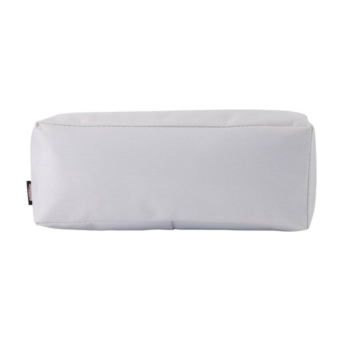A white utility case with a rectangular shape, featuring a logo on one side.