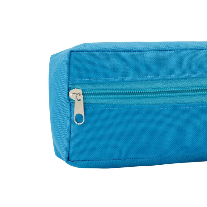 A turquoise utility case featuring a zippered closure and a textured fabric surface.