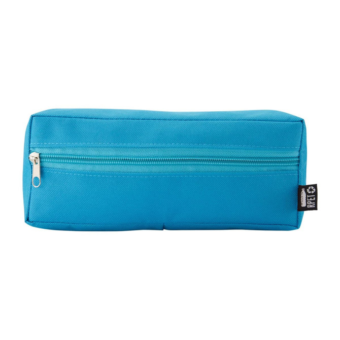 A bright blue utility case with a zippered compartment and a branding label on the side.