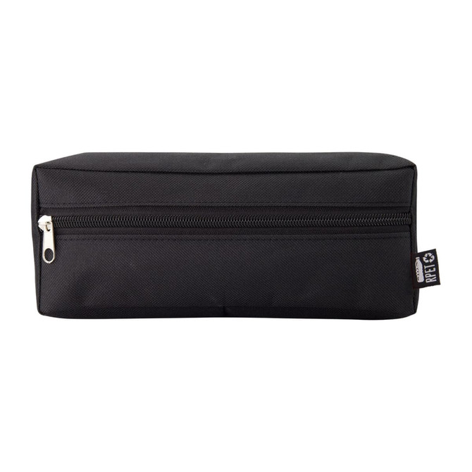 A black utility case with a zip closure, featuring a logo on the side.