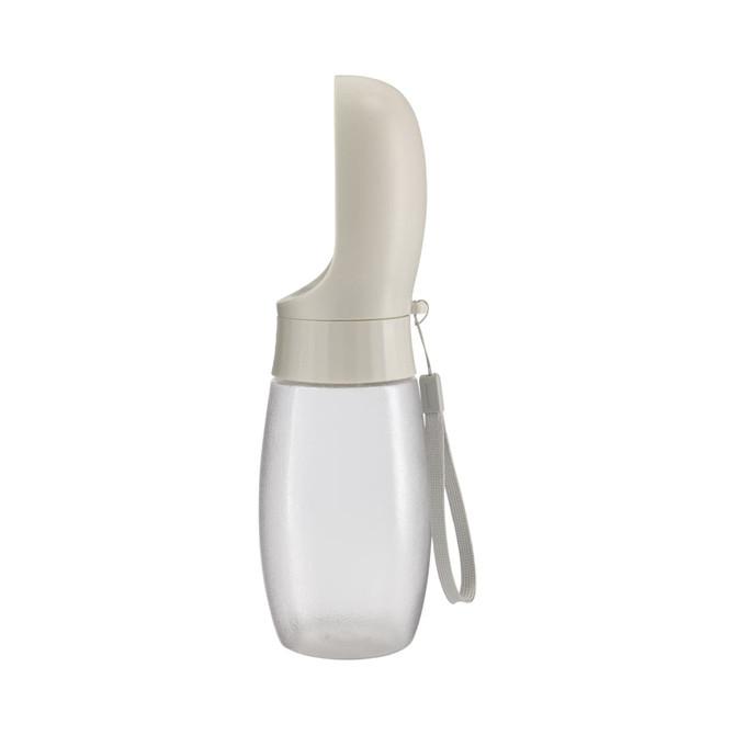 A drink bottle designed for pets, featuring a clear body with a beige top and a strap.