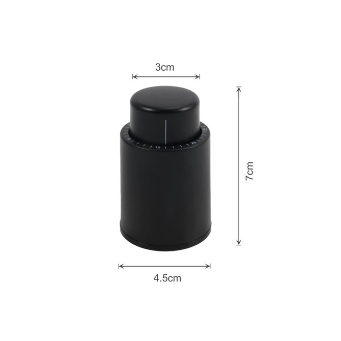 A black push button wine stopper with a scale, measuring 7cm in height and 4.5cm in diameter.