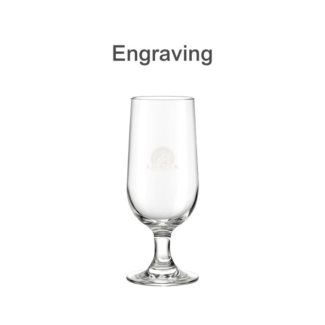 A clear goblet glass with a tall stem and a logo etched into the surface.