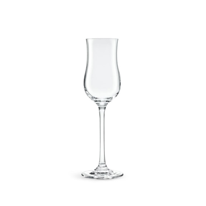 A clear, elegant tulip wine glass with a slender stem and flared bowl. It features a simple design and has a logo.