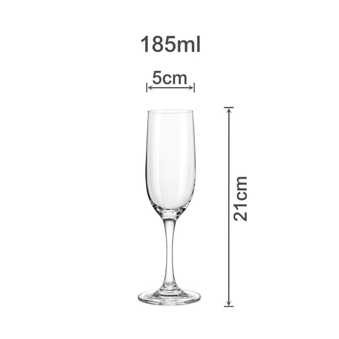 A clear, classic wine glass with a capacity of 185ml, measuring 21cm in height and 5cm in width.