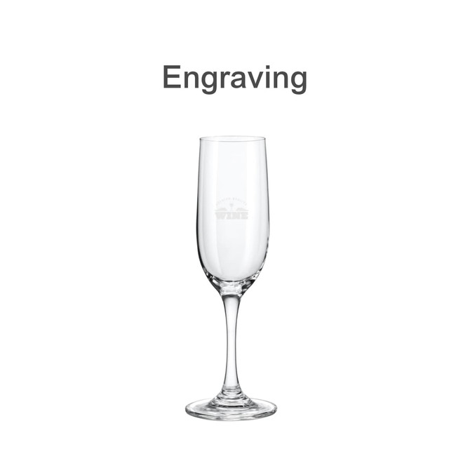 A classic, clear wine glass with a long stem and an engraved logo.