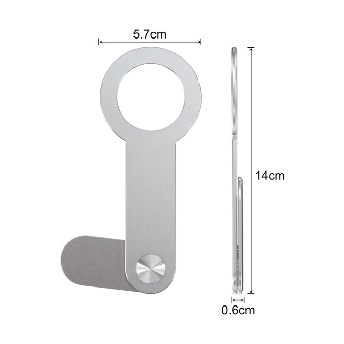 A silver aluminium magnetic phone holder for laptops, featuring a circular top and a flat base. It has a logo.