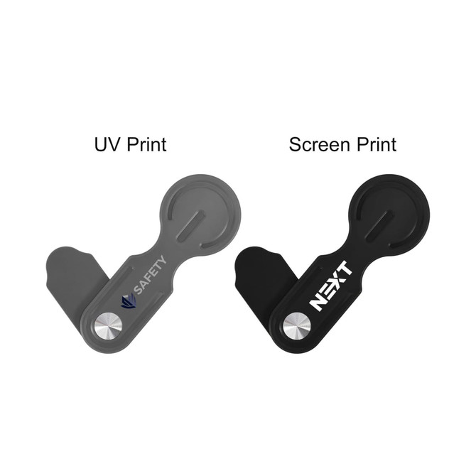 A plastic magnetic phone holder for laptops in grey and black, featuring different printing styles and a logo.