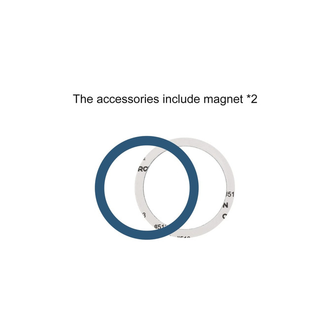 Two circular accessories, one navy blue and one silver, designed for use as magnets. Each has a distinct design on the surface.