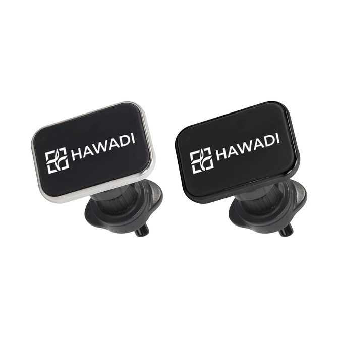 A square car hook bracket set in black and silver, featuring a logo on each piece.