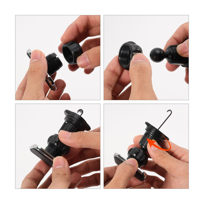 A Square Car Hook Bracket in black, featuring a detachable ball joint and a hook, shown in four assembly steps.