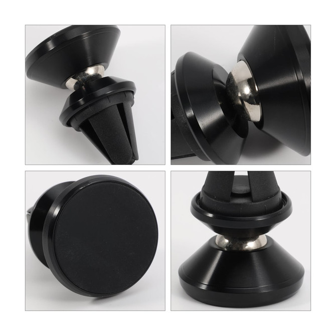 A black rotatable clip-on car phone holder with a sleek design and a metallic accent. It features a strong grip base.