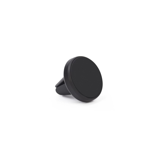 A black clip-on car phone holder with a circular design, featuring a simple and sleek appearance.