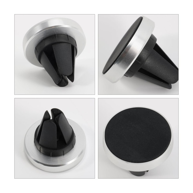 A clip-on car phone holder in black and silver, featuring a textured surface and air vent attachment design.