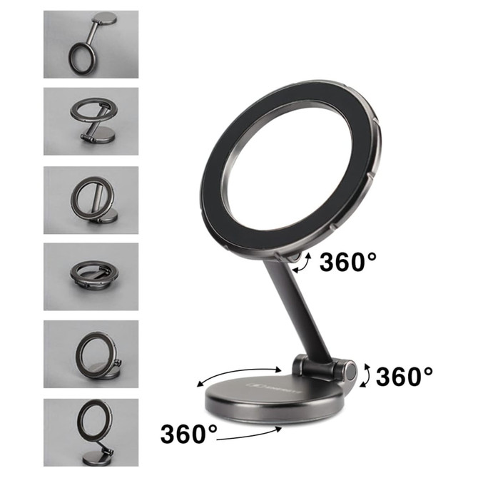 A sleek black adjustable 360° mirror with a round reflective surface and a sturdy base for stability.