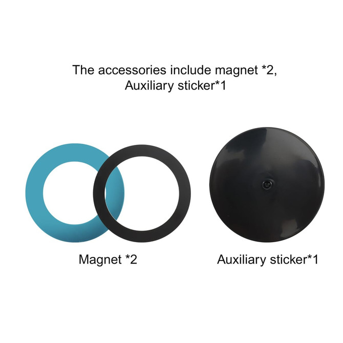 A blue and black set of accessories includes two magnets and one auxiliary sticker on a white background.