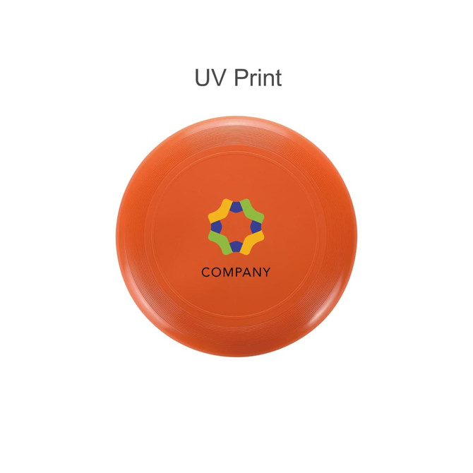 An orange Frisbee featuring a multi-coloured logo in the centre. The product has a textured edge.