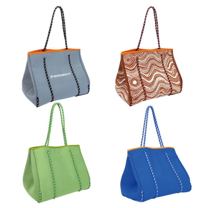 A collection of large neoprene beach tote bags in grey, green, blue, and patterned brown, featuring contrasting handles and a logo.