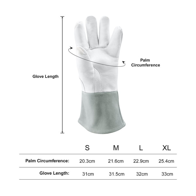Heat resistant gloves in grey and white, featuring a palm circumference measurement and sizes: S, M, L, XL.