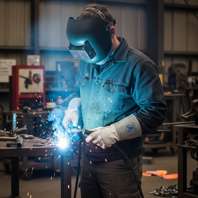 A welder in a blue jacket and gloves works with sparks flying in a workshop setting.