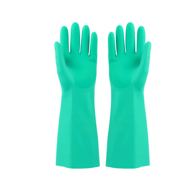 A pair of reusable cleaning nitrile gloves in bright green, featuring long sleeves and a textured grip.