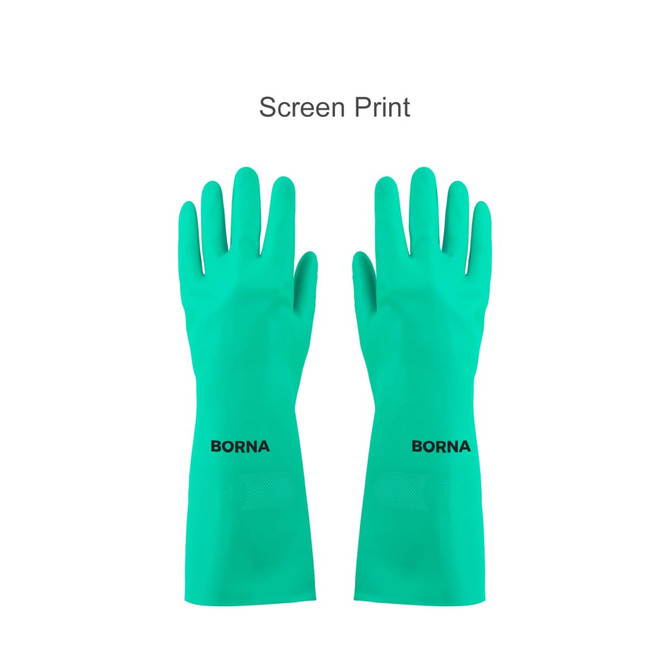 Reusable cleaning nitrile gloves in vibrant teal, featuring a logo on the wrist area.