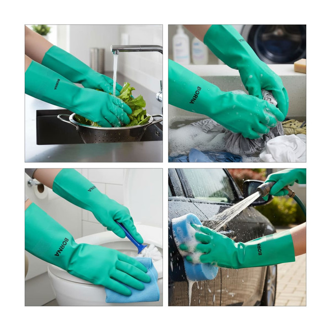 A set of reusable cleaning nitrile gloves in vibrant green, used for various cleaning tasks in different settings.