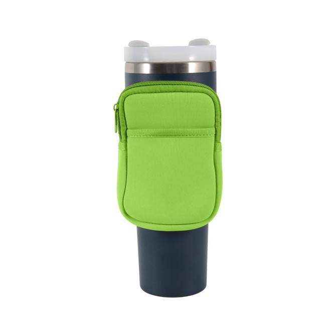 A drink bottle pouch in vibrant green, featuring a zippered pocket, designed for a large blue drink bottle.