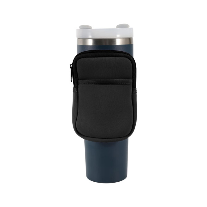A drink bottle pouch in black, designed to fit a Stanley water bottle, featuring a zippered pocket.