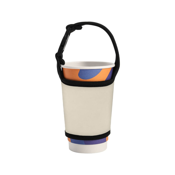 A drink bottle sleeve in cream with a black strap, holding a patterned disposable cup.