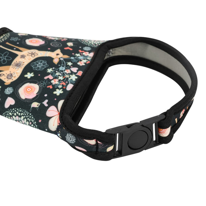 A drink bottle sleeve in black with floral patterns, featuring a secure fastener and an inner lining.