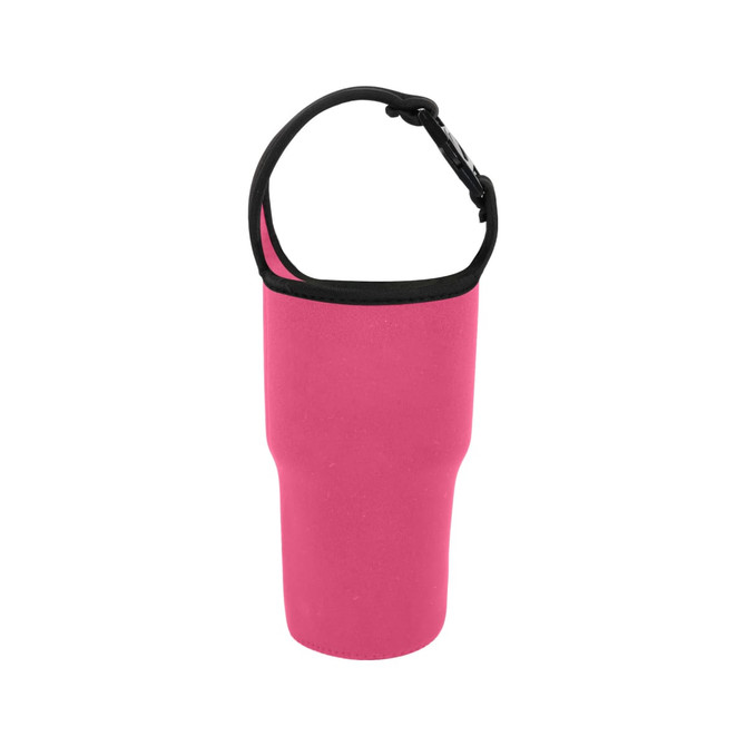 A drink bottle holder pouch in pink with a black trim and an adjustable strap. It has a logo.