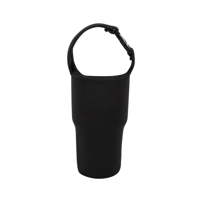 A drink bottle pouch in black, featuring a handle and a fitted design for carrying tumblers.