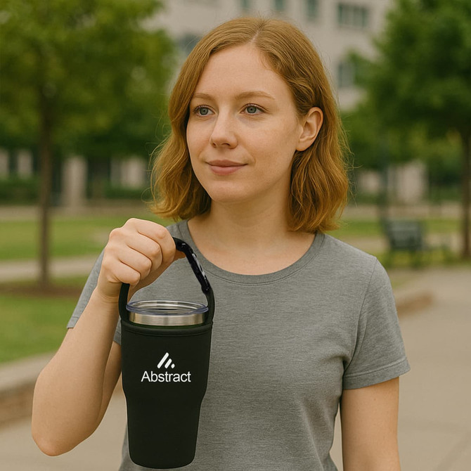 A drink bottle carrier pouch in black, held by a person, featuring a logo on the front.