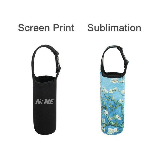 A drink bottle carrier pouch in black with a logo on one side and a blue floral design on the other.