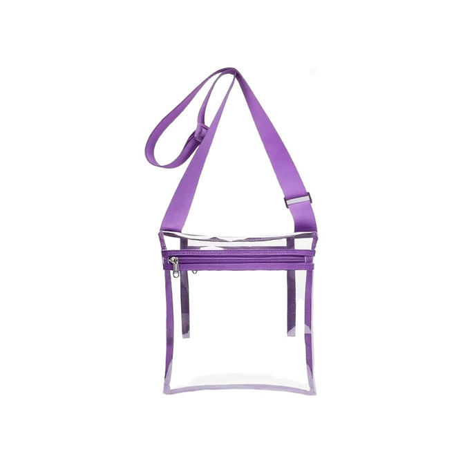 A purple PVC clear crossbody bag with an inner pouch and an adjustable strap. It features a zippered compartment.