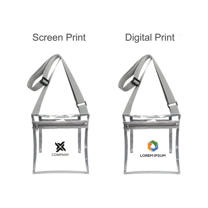 Two grey PVC clear crossbody bags with inner pouches, featuring different printing styles and a logo on each.