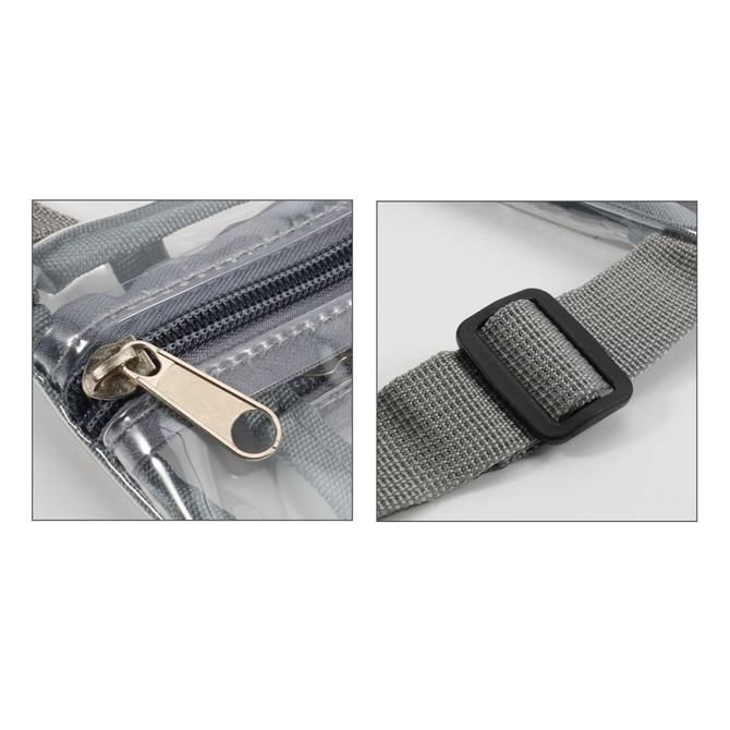 A clear PVC crossbody bag with a silver zipper and adjustable grey strap, featuring an inner pouch.
