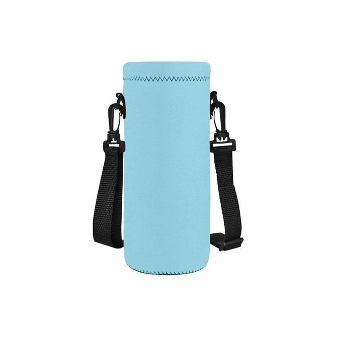 A drink bottle carrier in light blue with black adjustable straps and a branding logo.