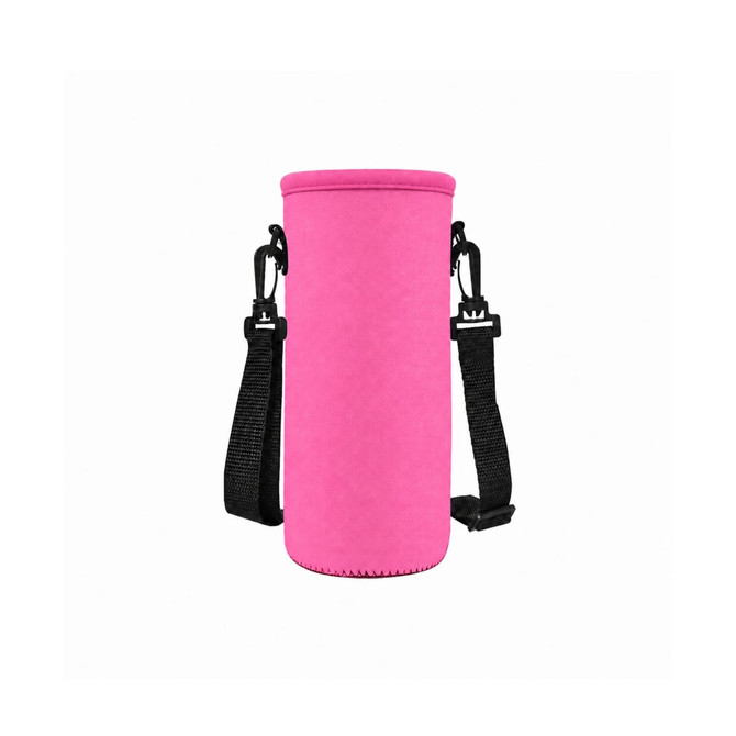 A drink bottle carrier in bright pink, featuring adjustable black straps and a logo. Ideal for leisure and outdoor activities.