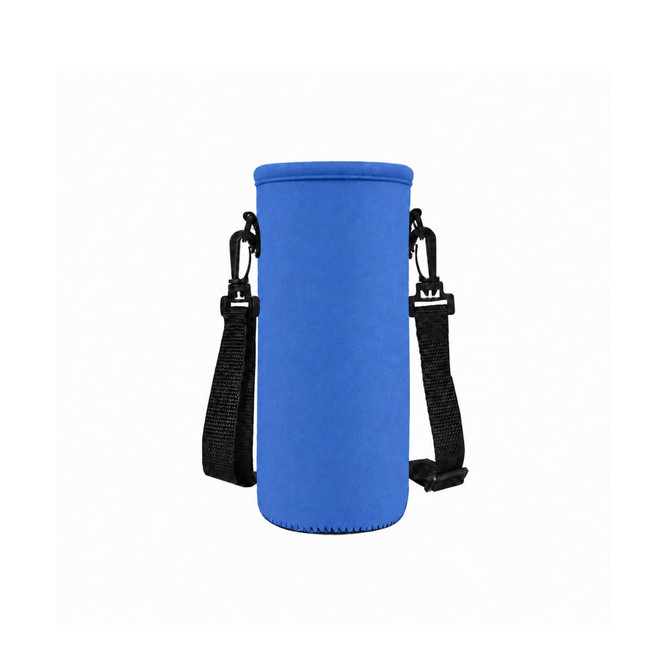 A drink bottle carrier in bright blue, featuring black adjustable straps and clips for easy transport.