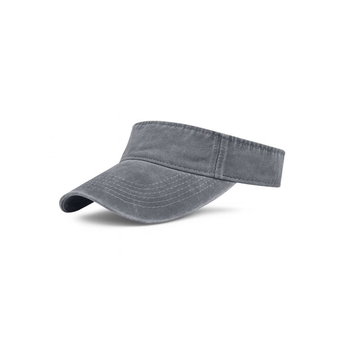 A grey washed sun visor with a wide brim and an adjustable band, featuring a logo on the side.