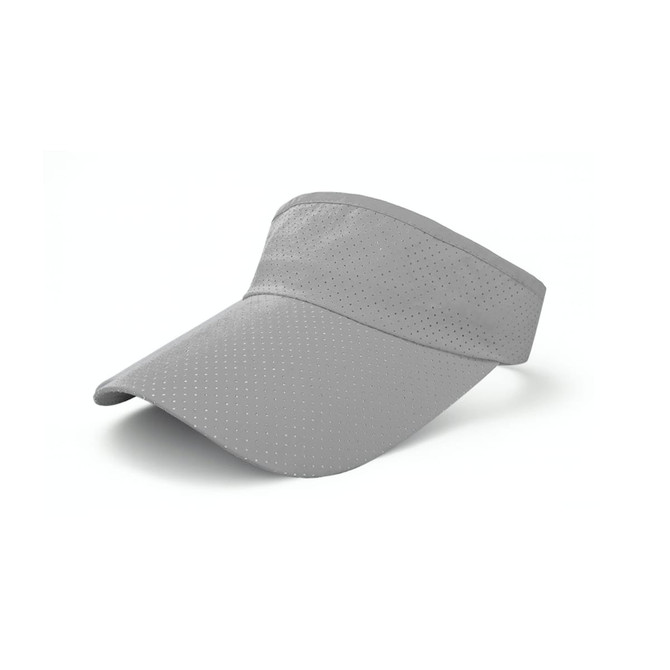 A breathable sun visor in grey with a perforated design and an adjustable band. Features a logo on the side.
