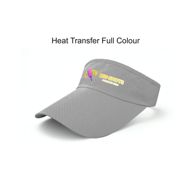 A grey breathable sun visor with a logo on the front, featuring perforated detailing for ventilation.
