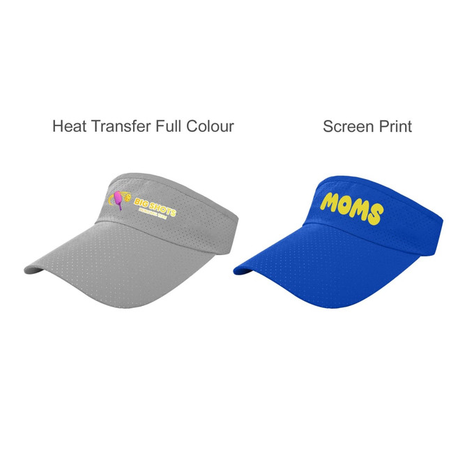 A grey breathable sun visor featuring a logo, alongside a blue visor with "MOMS" printed in yellow.