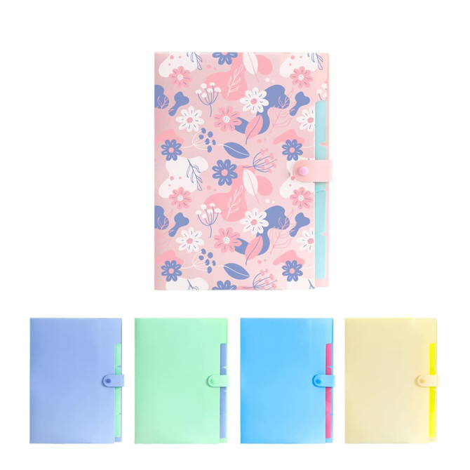 A4 expandable file folder in pink floral design with four solid colour options: blue, green, light blue, and yellow.