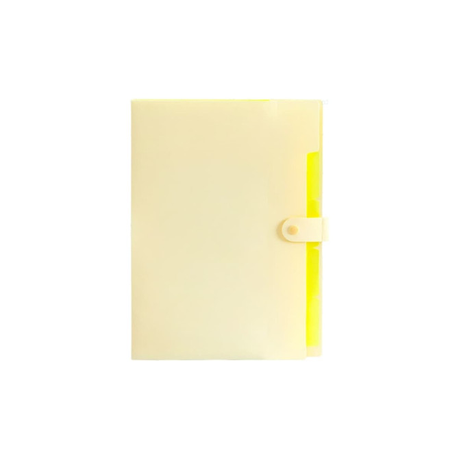 A4 expandable file folder in pale yellow with a bright yellow interior and a secure closure. Features a logo.